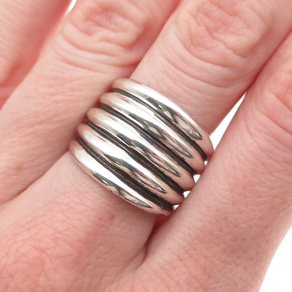 925 Sterling Silver Vintage Modernist Ribbed Oxidized Ring Size 8